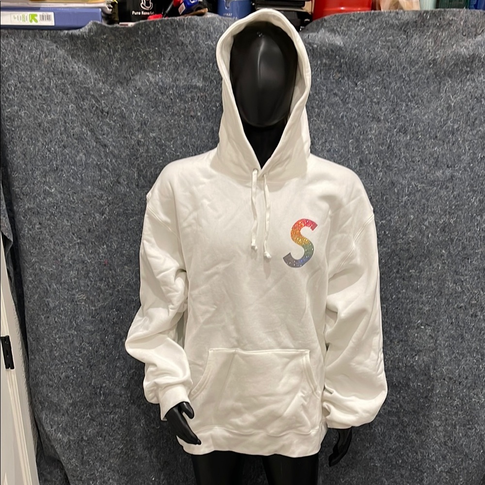 NEW Supreme S Logo Swarovski XXL White Long Sleeve Hoodie Sweatshirt Jacket